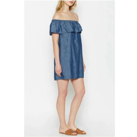 Joie Off the Shoulder Mini Dress XS Blue Chambray Cotton Lyocell Nilima Summer - Picture 9 of 9